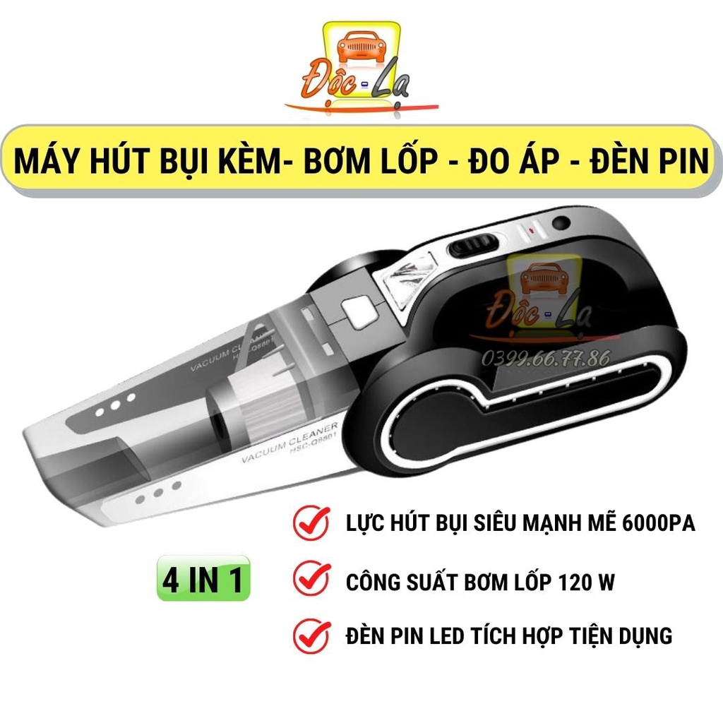 Máy Hút Bụi Ô Tô - Máy Bơm Lốp Ô Tô Đa Năng 4 Trong 1 - Hút Bụi, Bơm Lốp, Đo Áp Suất Lốp, Đèn Pin Chiếu Sáng