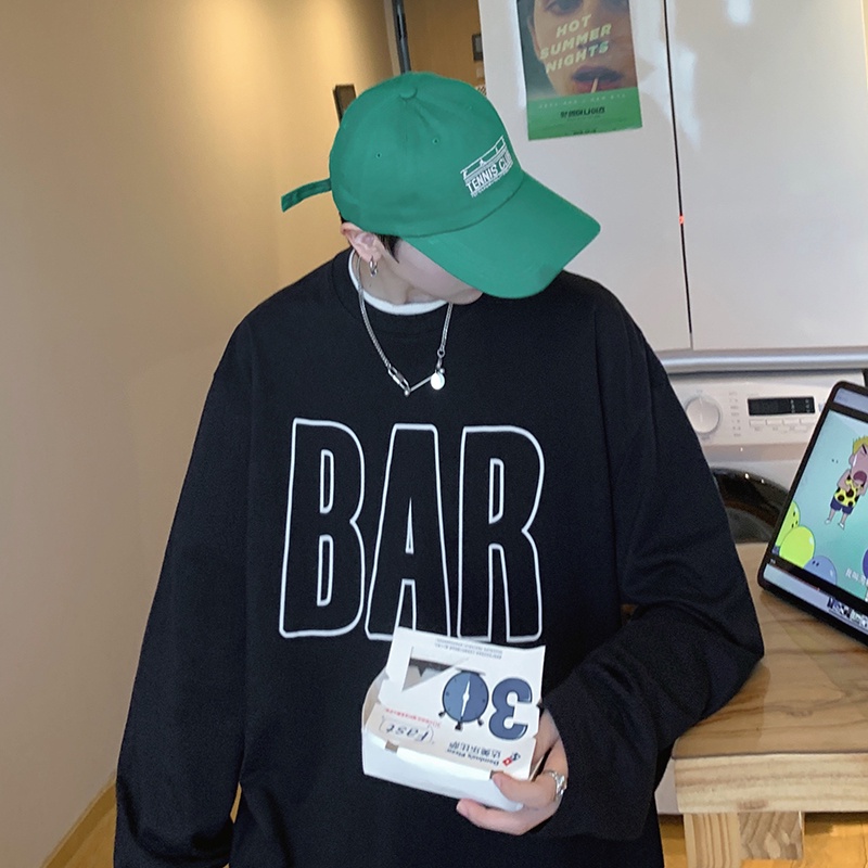 Áo thun tay dài dáng rộng in chữ phong cách Hàn Quốc thời trang trẻ trung cho nam size M-5XL