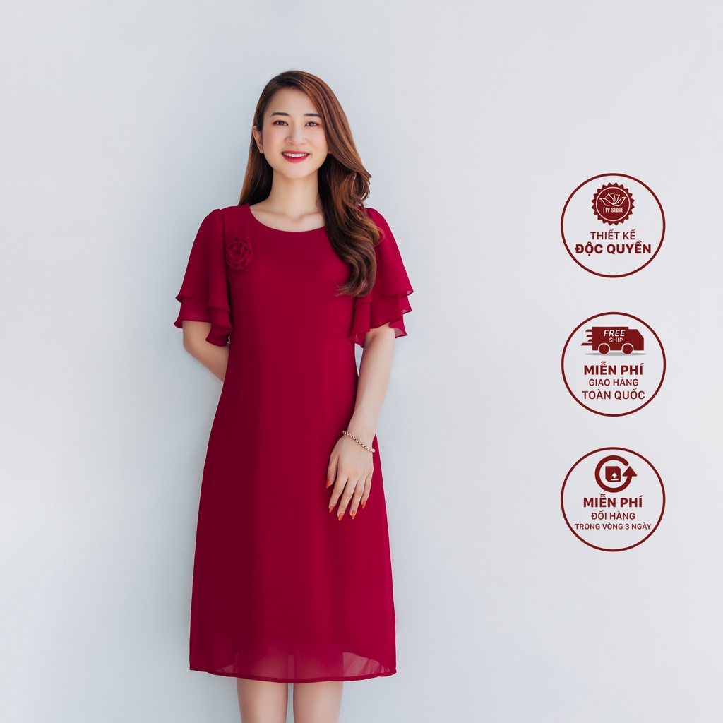 Đầm váy cao cấp form suông Cổ tròn tay chuông 2 tầng CT Đỏ đô - TTV1048# TTV STORE