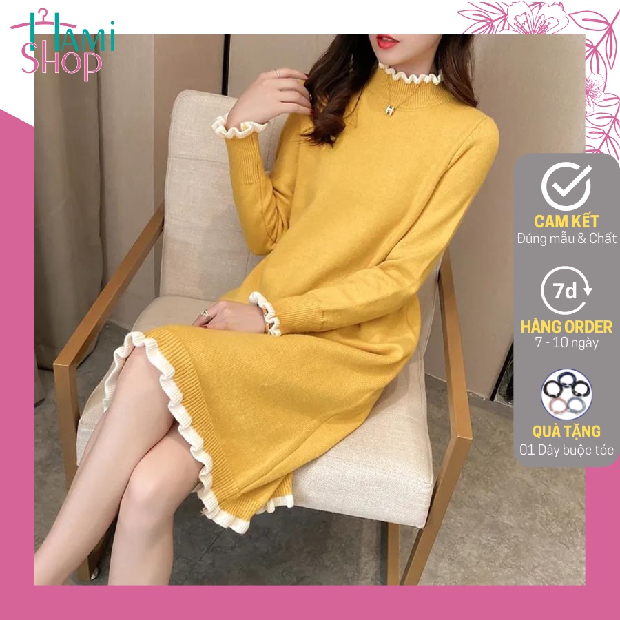 Váy len dáng suông tay bo chun váy len dài cổ cao chất len mềm mịn
