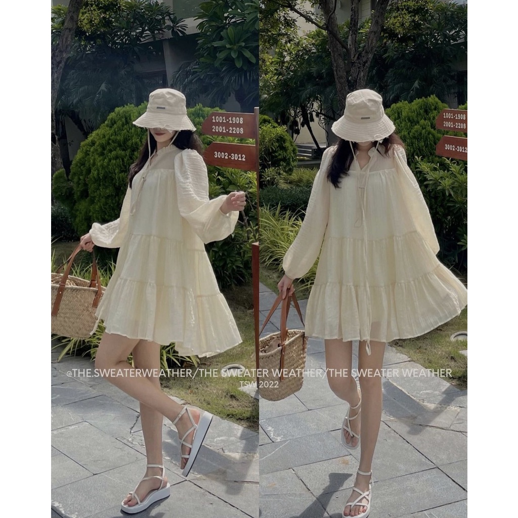 Váy Đầm Babydoll Tay Bồng Dài Có Dây Nơ Xinh Xắn Mặc Được 2 Kiểu Chất Tơ 2 Lớp | Smide Clothing
