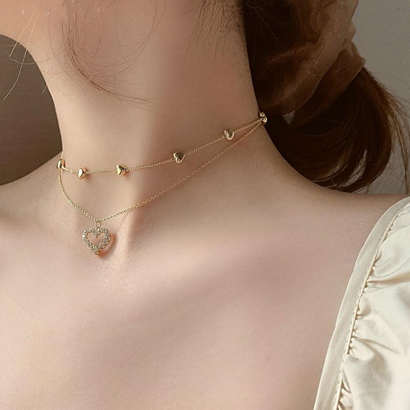 vòng cổ Mạ Vàng Nhiều Lớp Mặt Trái Tim Phong Cách Hàn Quốc