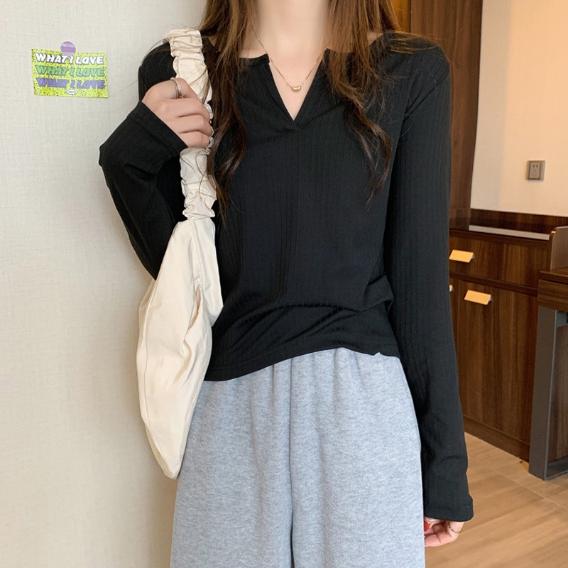 Áo SUXI tay dài cổ chữ V màu sắc đơn giản phong cách vintage