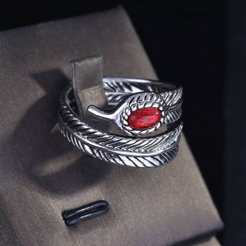 Nhẫn bạc 925 đính đá ruby nhân tạo phối lông vũ thời trang