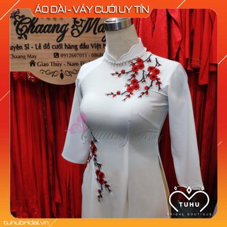 Áo dài mặc tết Chaang may sẵn Áo màu trắng hoa cành đào đỏ kèm quần