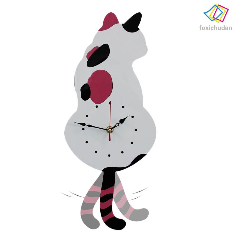 FCD☆  Creative Fashion New Silent White/Black Wagging Tail Cat Wall Clock Household Decorative Clock