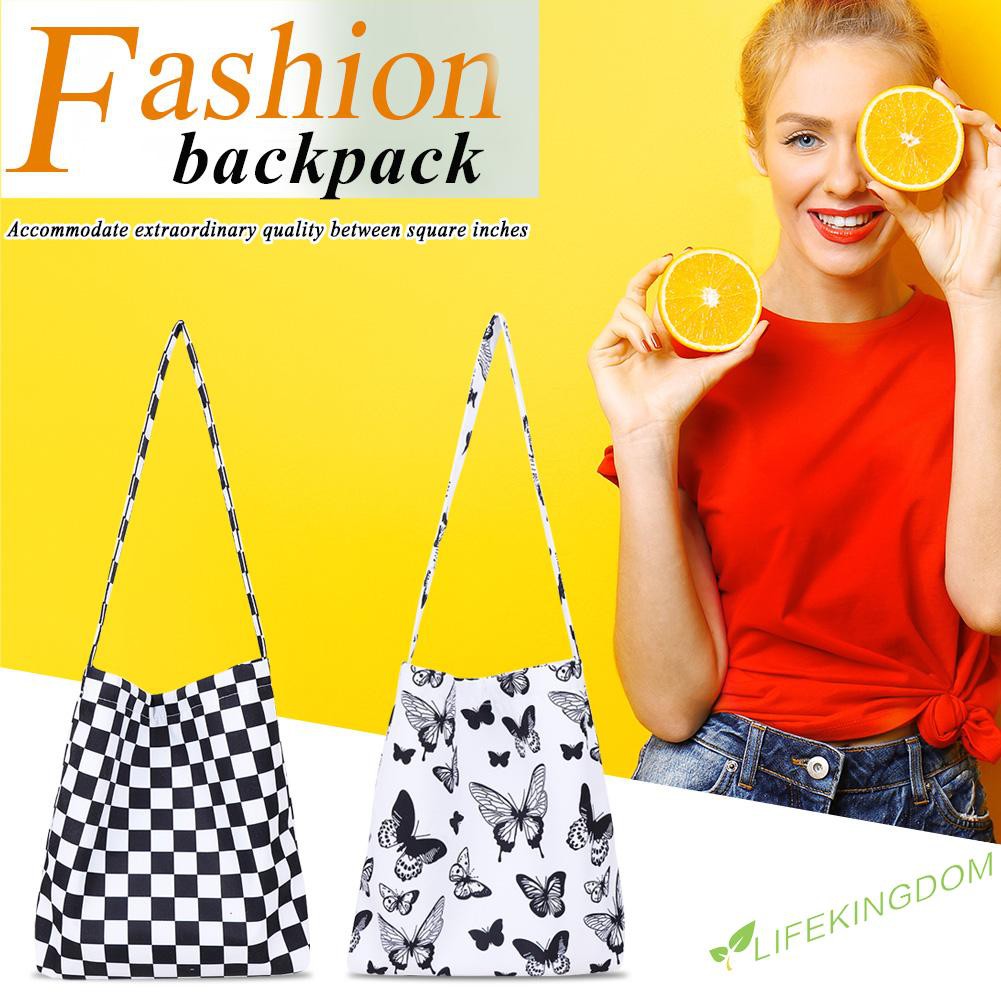 Fashion Women Checkerboard Butterfly Print Canvas Shopping Bag Tote Handbag