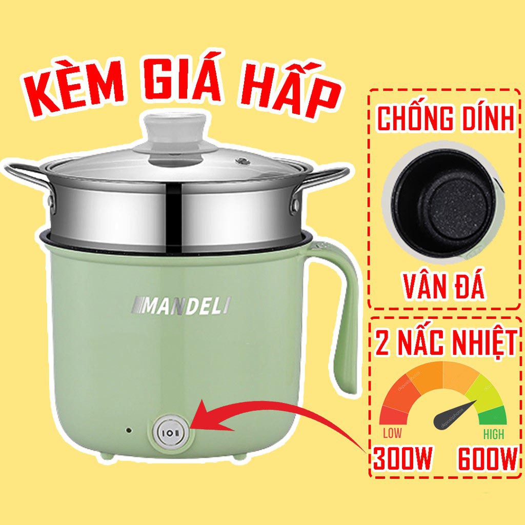 Nồi Lẩu Điện Mini Kèm Giá Hấp, nồi 2 tầng pha mỳ nấu nước đa năng