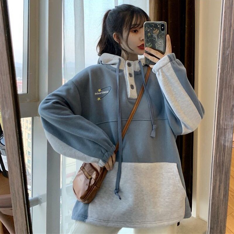 Áo hoodie dài tay màu sắc tương phản phong cách Hàn Quốc