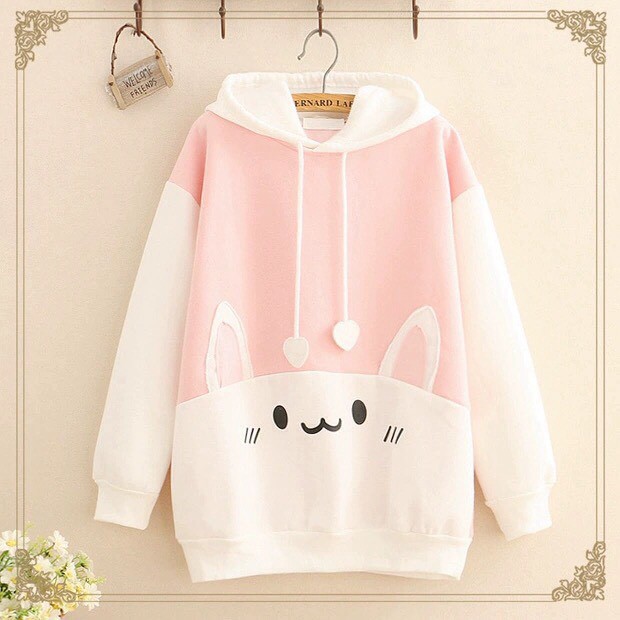 ÁO HOODIE NỮ VẢI NỈ POLY THỎ TRÁI TIM MŨ CÓ TAI