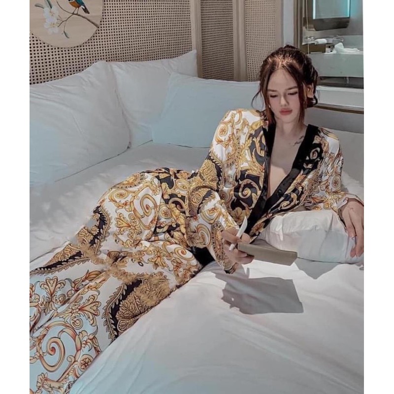 pijama tay dài tay hoạ tiết vàng hoàng gia lụa satin cao cấp quảng châu | BigBuy360 - bigbuy360.vn