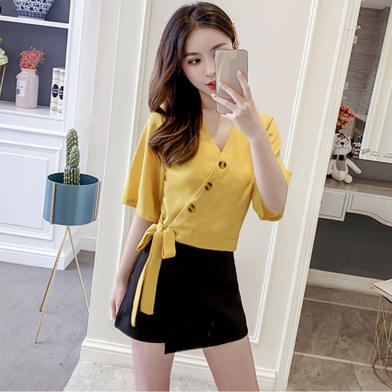 Áo kiểu tay lỡ cổ chữ V phối nơ thiết kế thanh lịch cho nữ