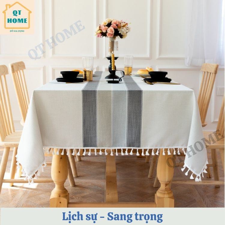 Khăn Trải Bàn Cao Cấp Bằng Vải Lanh Cotton Màu Xám Nhạt Viền tua rua