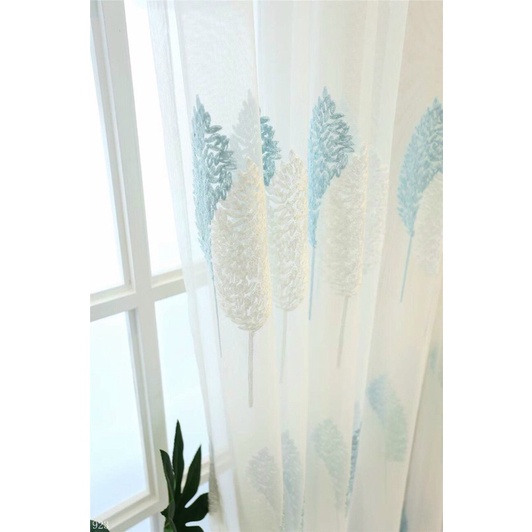 Rèm voan trang trí, rèm cửa đẹp thêu hoạ tiết lá xanh decor Quý Nhân