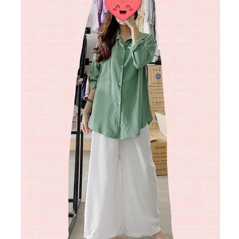 Set áo sơ mi dài - quần suông ống rộng trắng Bingshop vải đũi cao cấp hàng có size freeship