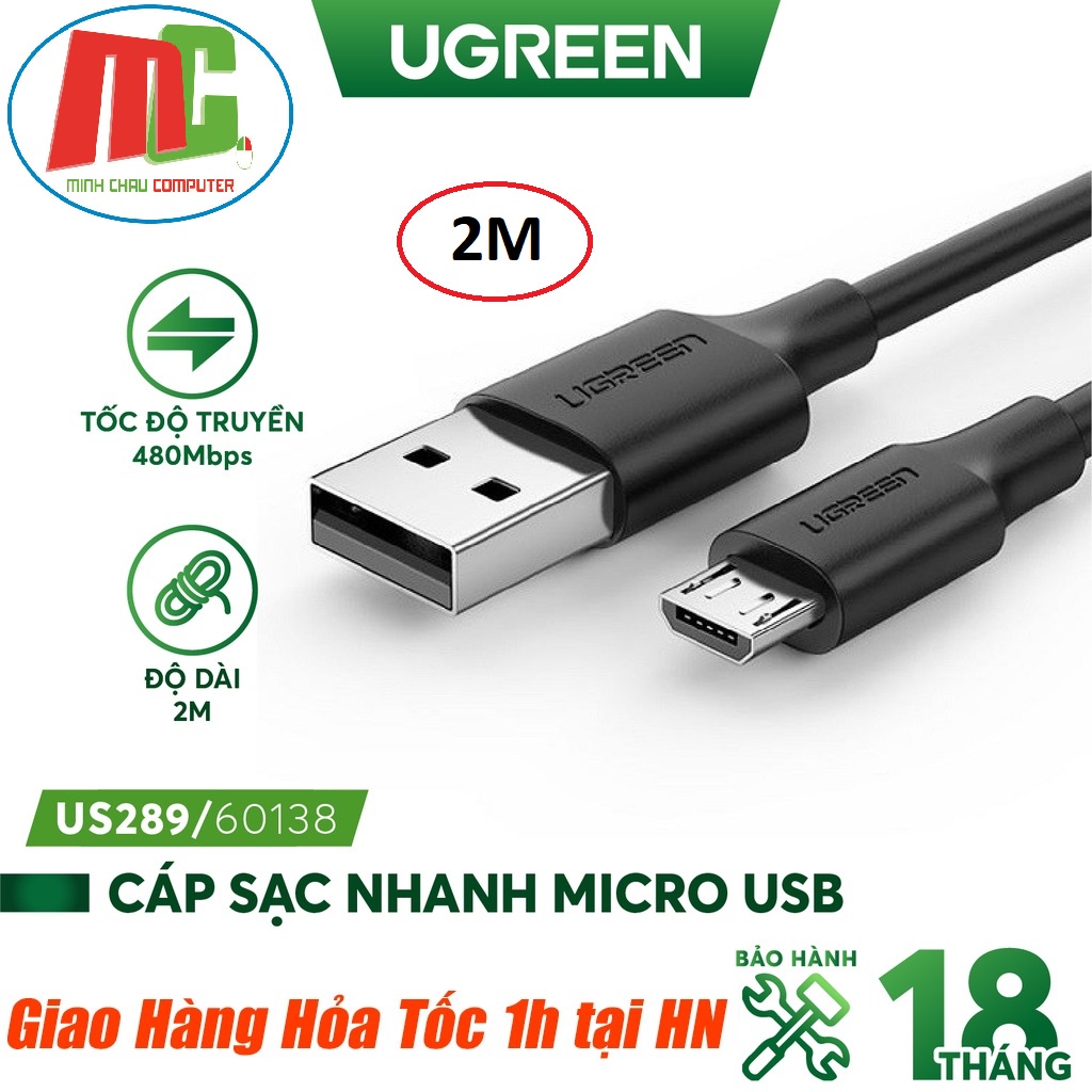 Cáp sạc và truyền dữ liệu Ugreen 60138 cổng Micro USB 2.4A Dài 2m - Hàng chính hãng - Bảo hành 18 tháng