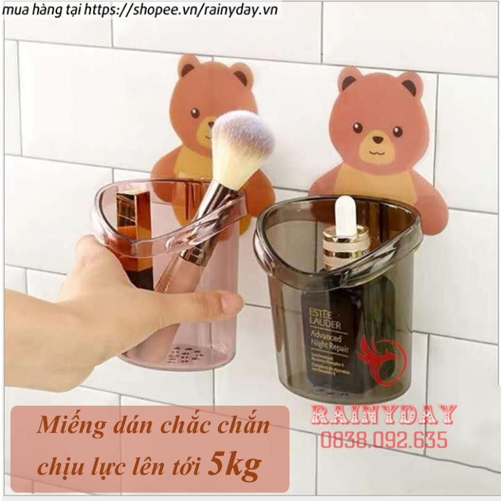 Cốc để đựng bàn chải và kem đánh răng, kệ giá treo đồ dán gắn tường cute dễ thương hình gấu