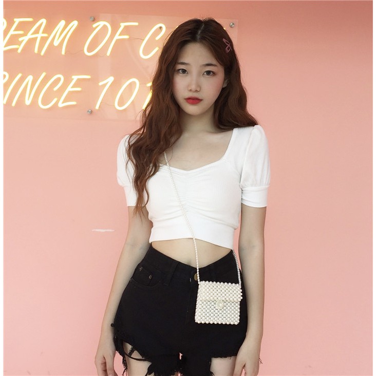 Áo len croptop cổ V nhún ngực (5 màu) - u.w