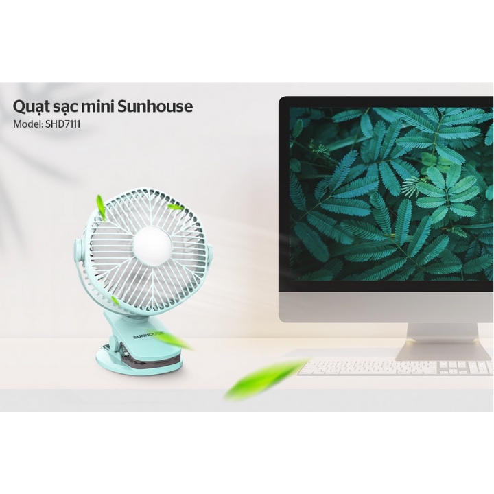 Quạt Mini Để Bàn Sunhouse SHD7111 - Quạt Sạc Mini Tích Điện Pin Dùng 4 Giờ Có Sạc Nhanh Tích Hợp Đèn Ngủ