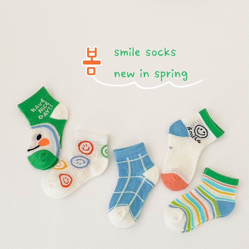 Set 5 đôi vớ KokoroCare MSW-06 cotton mỏng thoáng khí in hình mặt cười nhiều màu S/M/L cho bé trai 1-12 tuổi