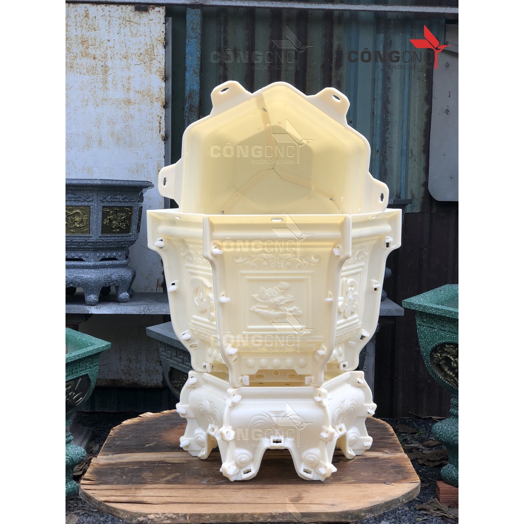 Khuôn Chậu Cảnh ABS Lục Giác 45 Sen - Phúc Lộc Thọ - cá chép - tài lộc-tết tài lộc + chân đôn 45 - LG45SPLTDK