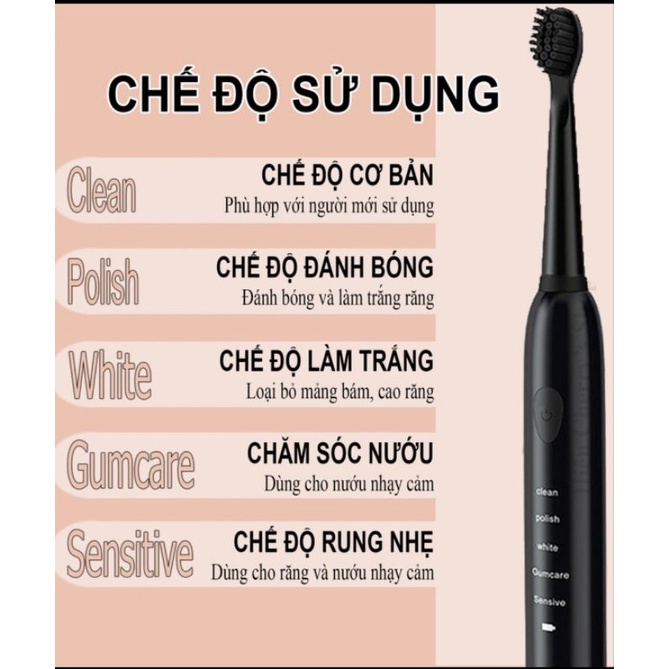 Bàn chải đánh răng điện tử sonic với 5 chế độ giúp răng trắng sáng.