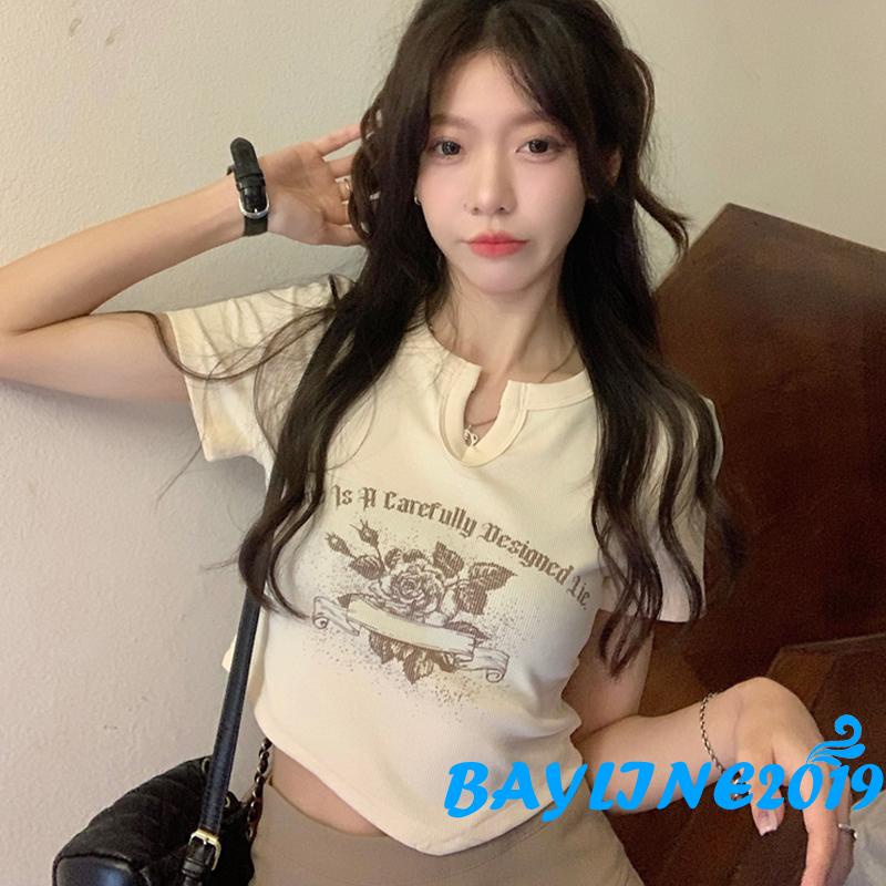 Áo Thun Crop Top Nữ Tay Ngắn In Chữ Và Hoa Thời Trang Mùa Hè