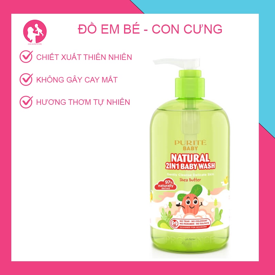 Sữa Tắm Gội Thiên Nhiên Bơ Đậu Mỡ Purité Baby 500ml, trẻ từ 0 tháng tuổi - con cưng akachan