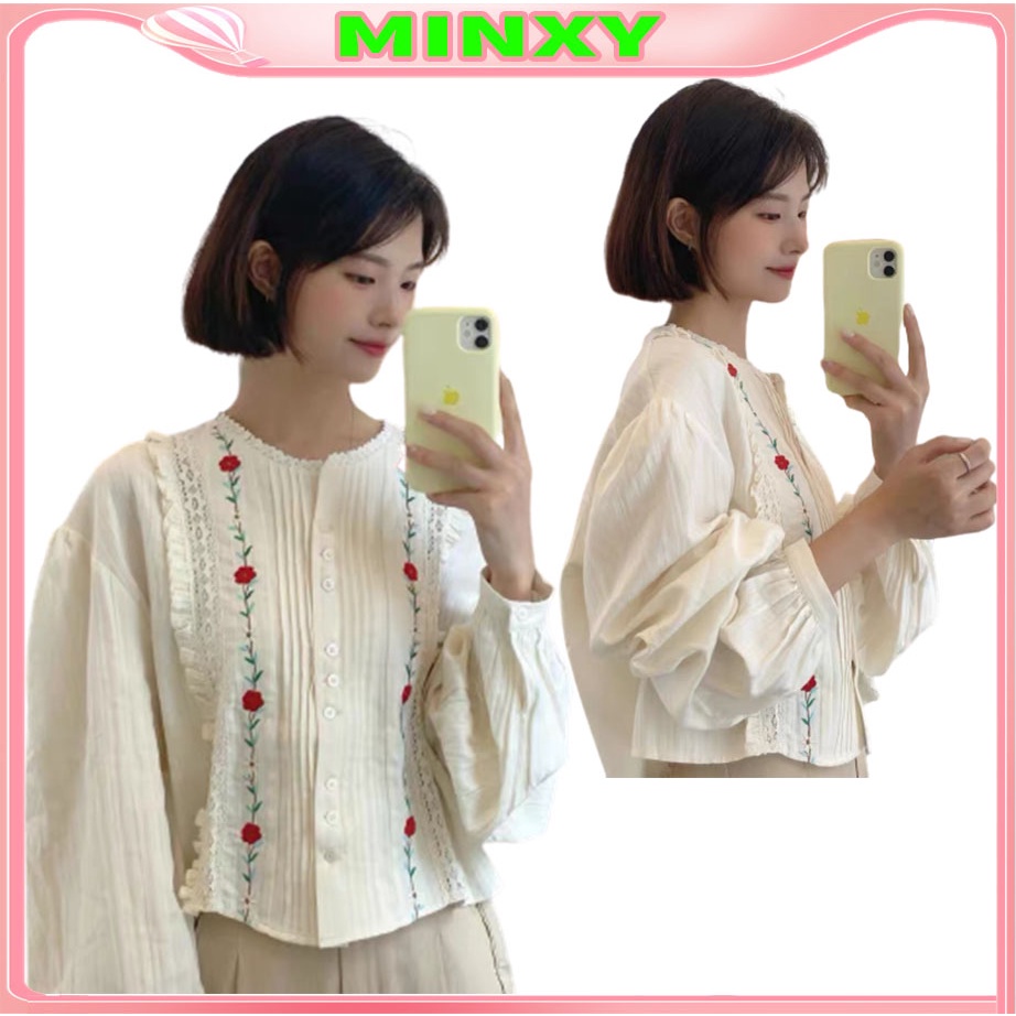 Áo sơ mi thêu hoa cẩn thận tỉ mỉ, lại còn xếp bèo nhẹ nhàng nữ tính-Minxy shop