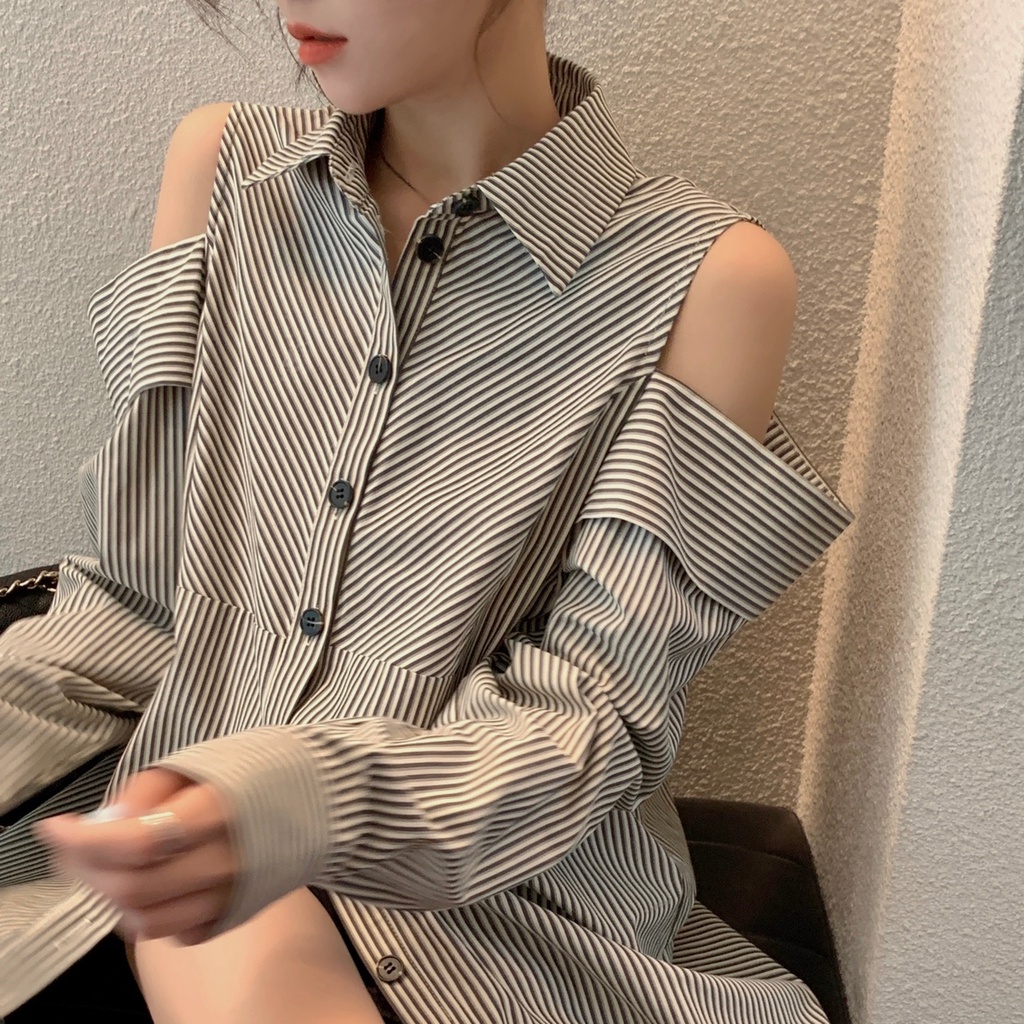 Áo sơ mi SUXI hở vai tay dài kẻ sọc thời trang Hàn Quốc cho nữ