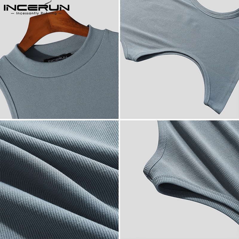 Áo ba lỗ INCERUN dệt kim cổ tròn khoét lỗ ôm dáng thời trang cho nam