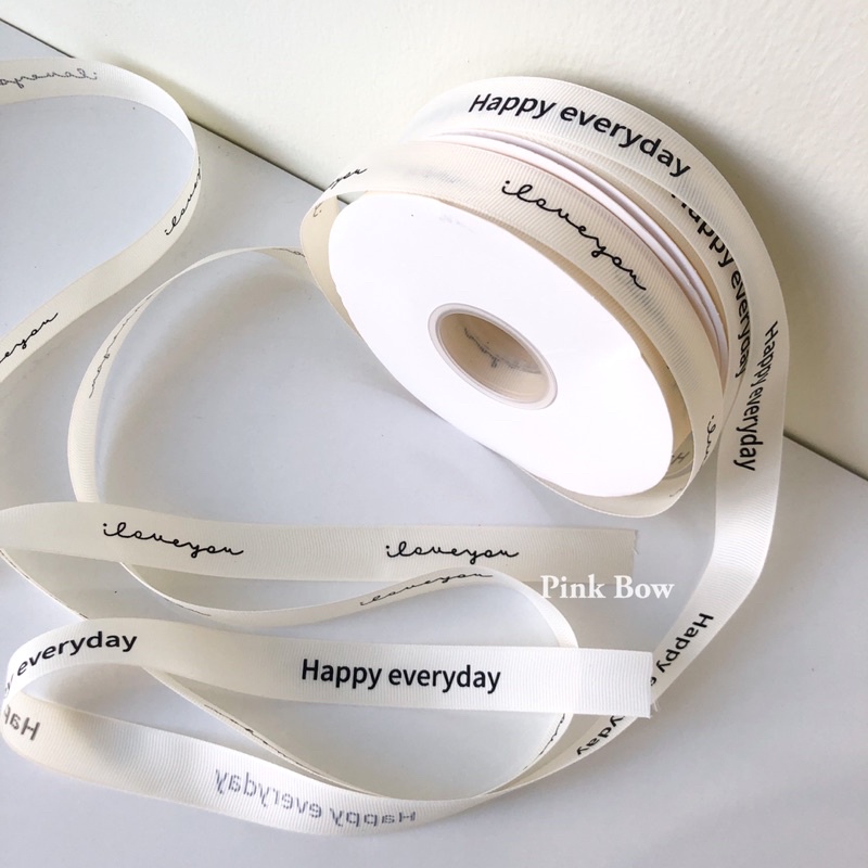 (1 MÉT) Dây ruy băng 2cm để Gói hộp quà tặng in chữ I LOVE YOU/ HAPPY EVERYDAY/ THANK YOU/ HAPPY BIRTHDAY màu trắng kem