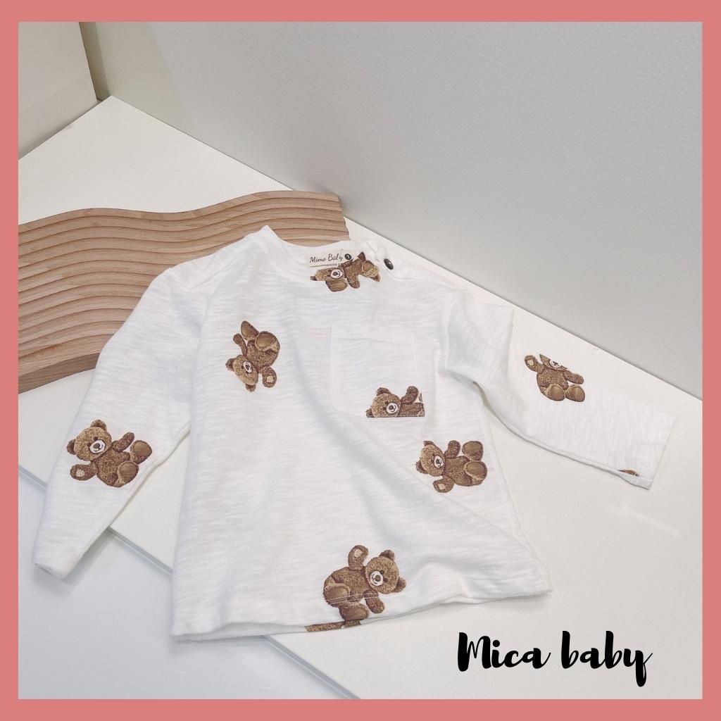 Áo phông dài tay thu đông cho bé chất cotton in hình gấu QA49, áo thun phối túi ngực cho bé Mica Baby