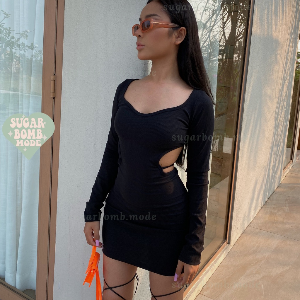 Đầm Body Hở Lưng Sexy Váy Ôm Sang Chảnh Cá Tính Khoét Lưng Cổ Tim Tay Dài Thun Co Giãn Tốt Đi Chơi Sugarbomb.mode