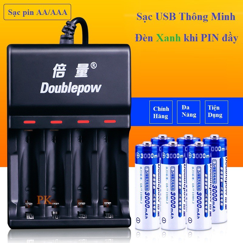 [Chính Hãng] Combo Sạc Tự Ngắt Thông Minh UK83 Đổi Đèn Khi Sạc Đầy Kèm 8 Pin Doublepow 3200Mah Dung Lượng Chuẩn