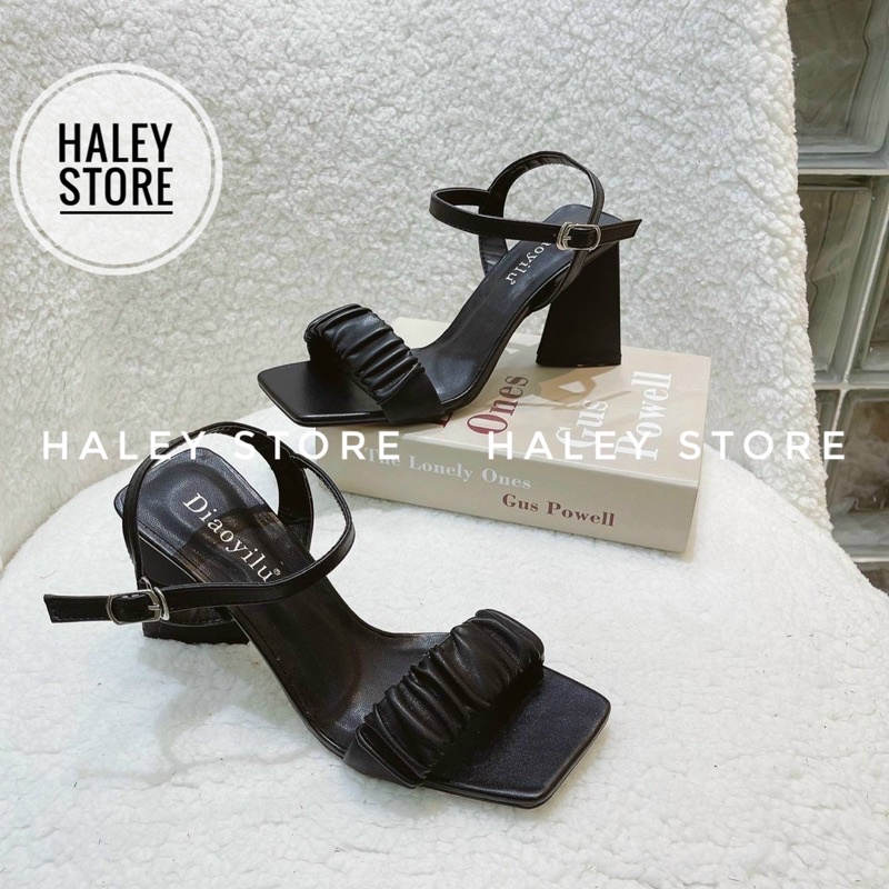 Giày sandal nữ HALEY STORE quai ngang nhún nhúm bèo gót tam giác thời trang rẻ bền đẹp phong cách tiểu thư sang trọng