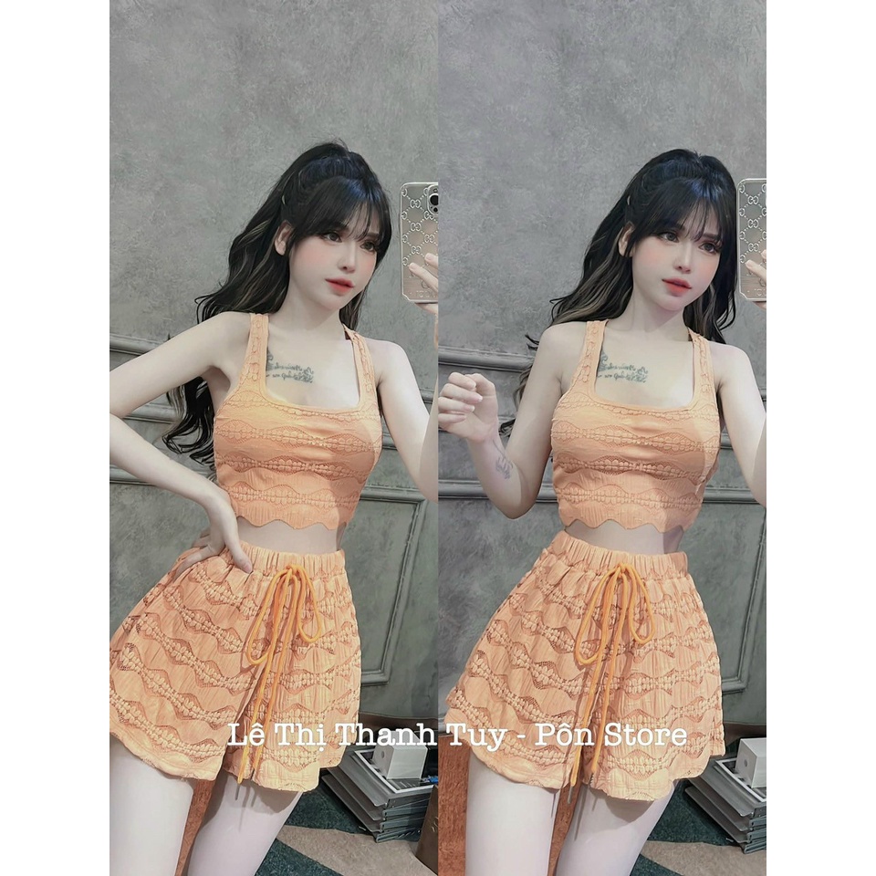 [Set đùi] Set 2 món áo và quần đi chơi biển siêu cá tính với áo kiểu nữ ôm body kèm quần đùi có thun quần cực đẹp