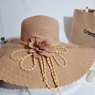 Nón cói, Mũ cói đi biển cho nữ vành rộng phối dây hoa vintage đẹp -vành rộng dây hoa