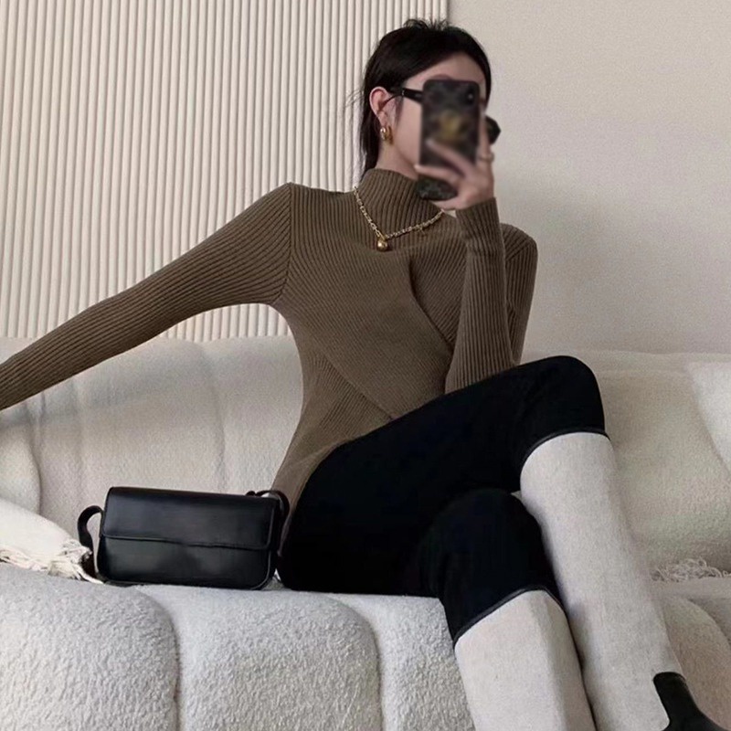 Áo Dệt Kim Tay Dài Cổ Lọ Màu Sắc Đơn Giản Phong Cách Hàn Quốc Cho Nữ