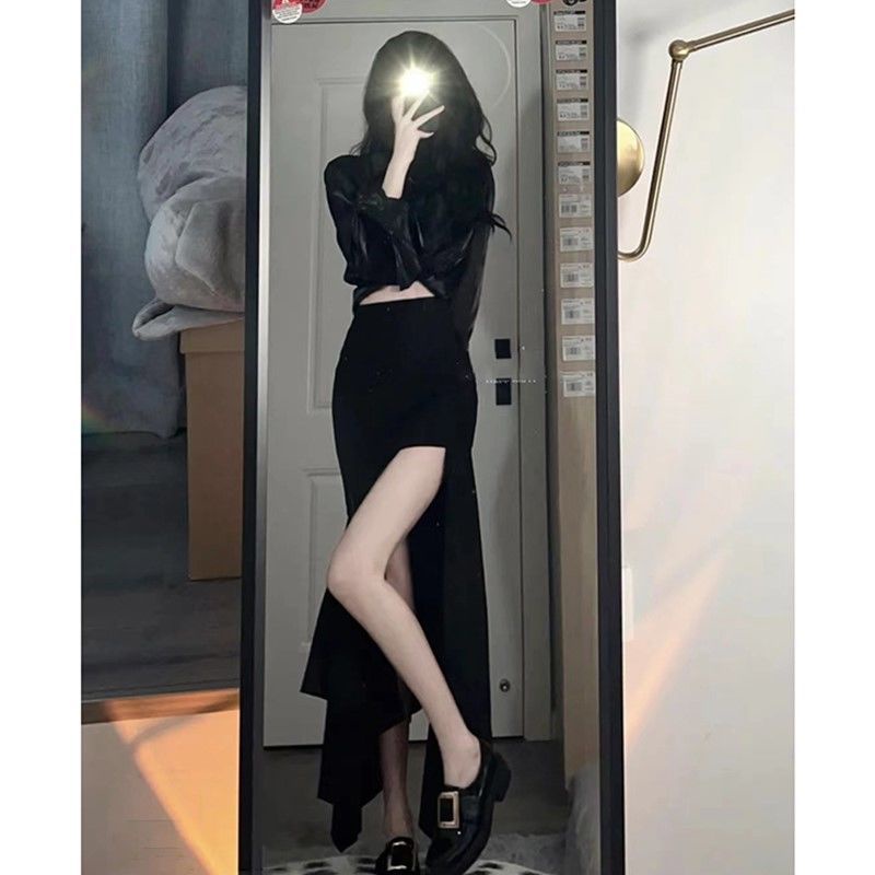 Set Áo Sơ Mi Tay Dài Phối Chân Váy Lưng Cao Màu Đen Phong Cách Retro Cao Cấp Cho Nữ