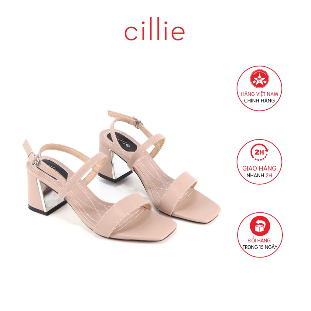 Giày sandal cao gót nữ mũi vuông thời trang phối gót xéo tráng gương độc lạ cao 5cm Cillie