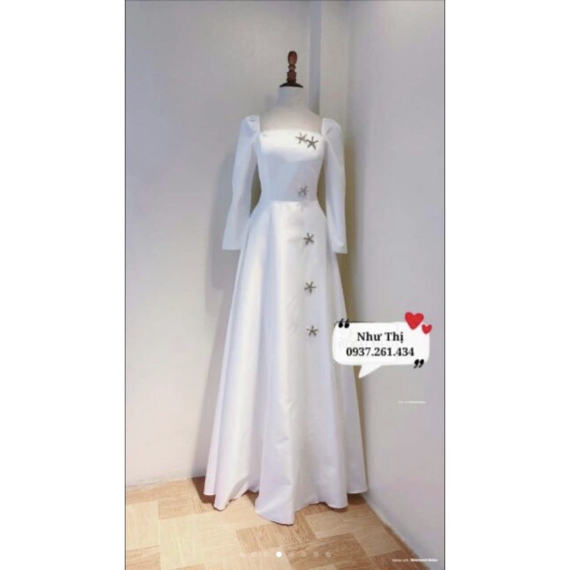 (miễn phí chỉnh váy) có big Size đầm dạ hội phi trắng tay dài + cài đá ngôi sao, đầm cô dâu đơn giản,  đầm trắng dài  ཾ