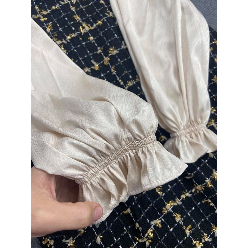 Váy bầu bigsize -Đầm bầu thiết kế GuMe mặc Tết GUME dạ tweed kim tuyến cao cấp 2 lớp,tay vải lụa vân gỗ có bo chun MB185