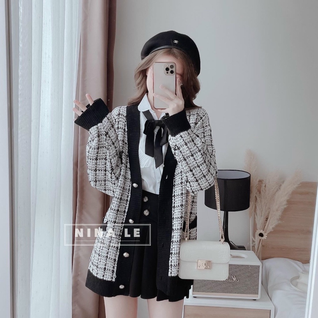 [FREESHIP] Áo khoác len nữ tay dài áo cardigan tweed dạ sọc caro trắng đen QC NÀNG CLOSET