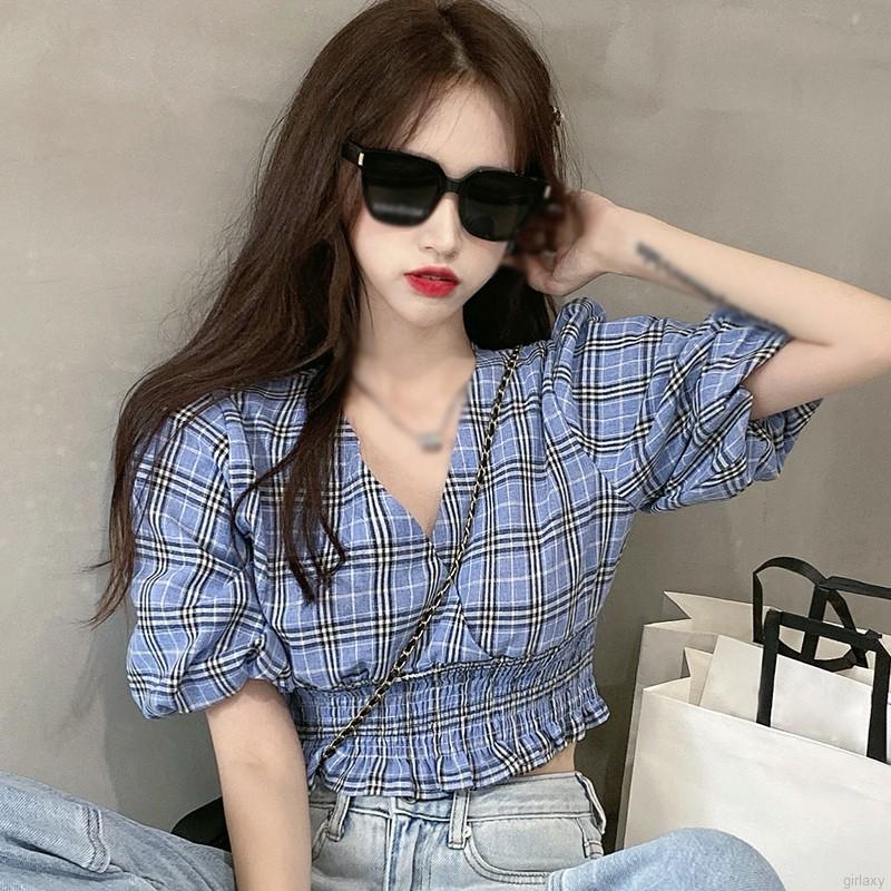  Áo croptop ngắn tay cổ chữ V in caro phong cách cổ điển Hàn Quốc cho nữ | BigBuy360 - bigbuy360.vn