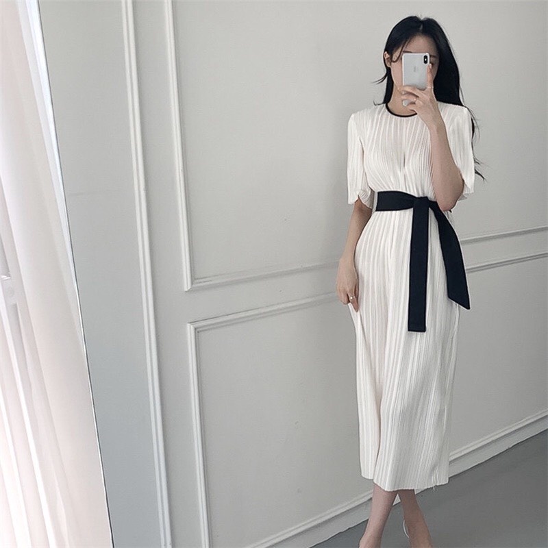 Váy suông dập ly 2 lớp kèm đai thắt eo dáng dài nữ tính order Taobao