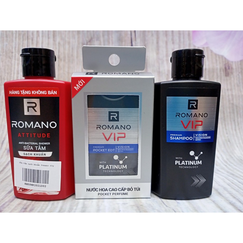 Sét Quà Tặng Dành cho Nam. 1 Dầu Gội Romano Vip 60gram, 1 Nước Hoa Romano 18ml Vip, 1 Sữa tắm Romano 60gram- Tặng Túi Đự