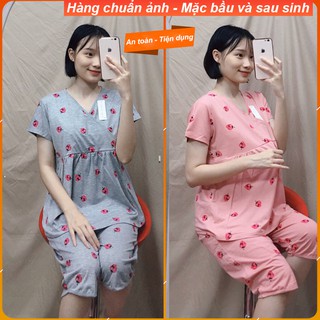 Bộ bầu lửng sau sinh vén chéo cho con bú, chất cotton mềm mịn cho mẹ bầu mặc nhà freesize 45-70kg - 𝐁𝐋𝟎𝟑
