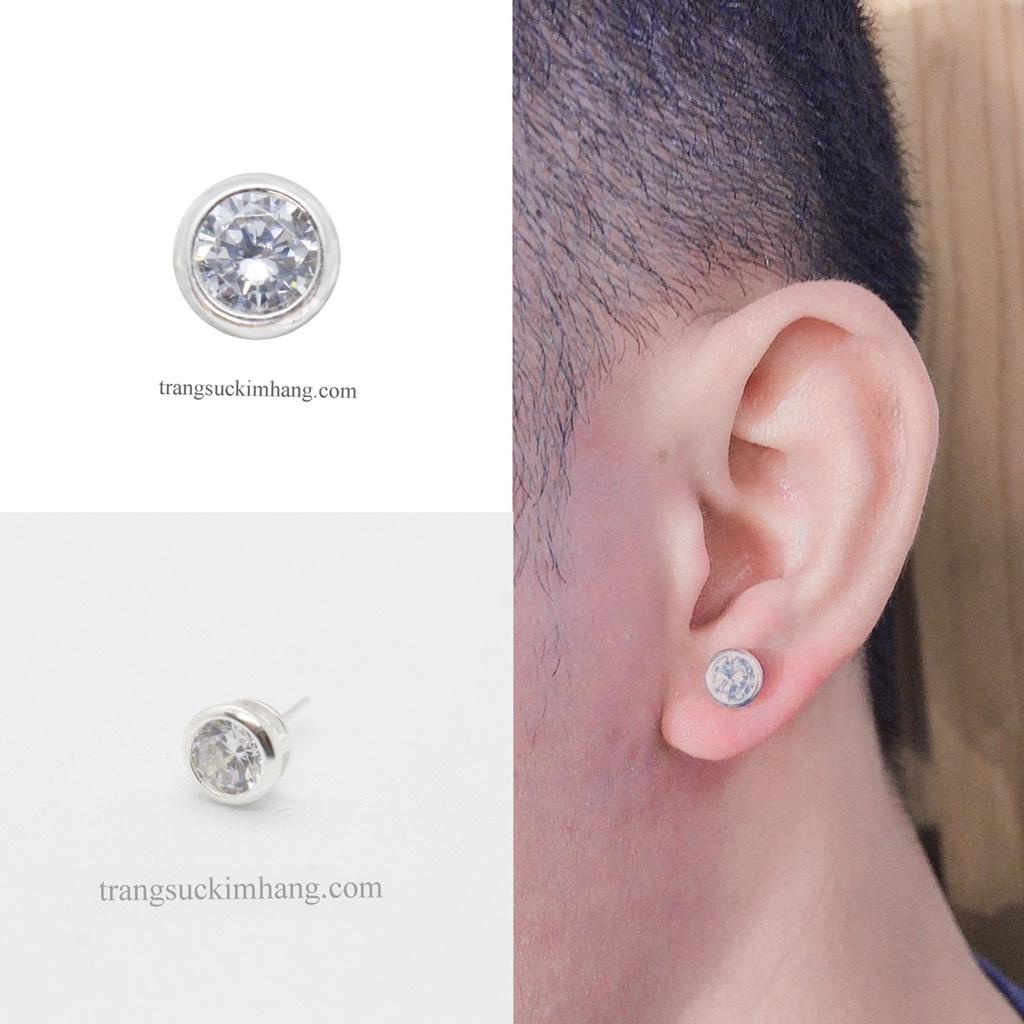Khuyên Tai Bạc Bao Chấu Nụ Tròn Đá Trắng KHJER070 - Chốt Đẩy