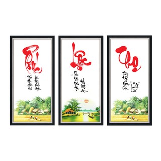 Bộ 3 tranh dán tường HD thư pháp Phúc Lộc Thọ HPLT-002K phủ kim sa nhiều kích thước